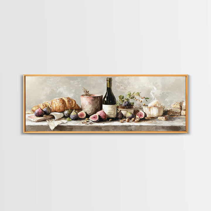 Wine Bottle and Figs Framed Canvas Print, Restaurant Art, Boho Decor, Restaurant Decor, Oil Painting, Bistro, RES-3x1-89