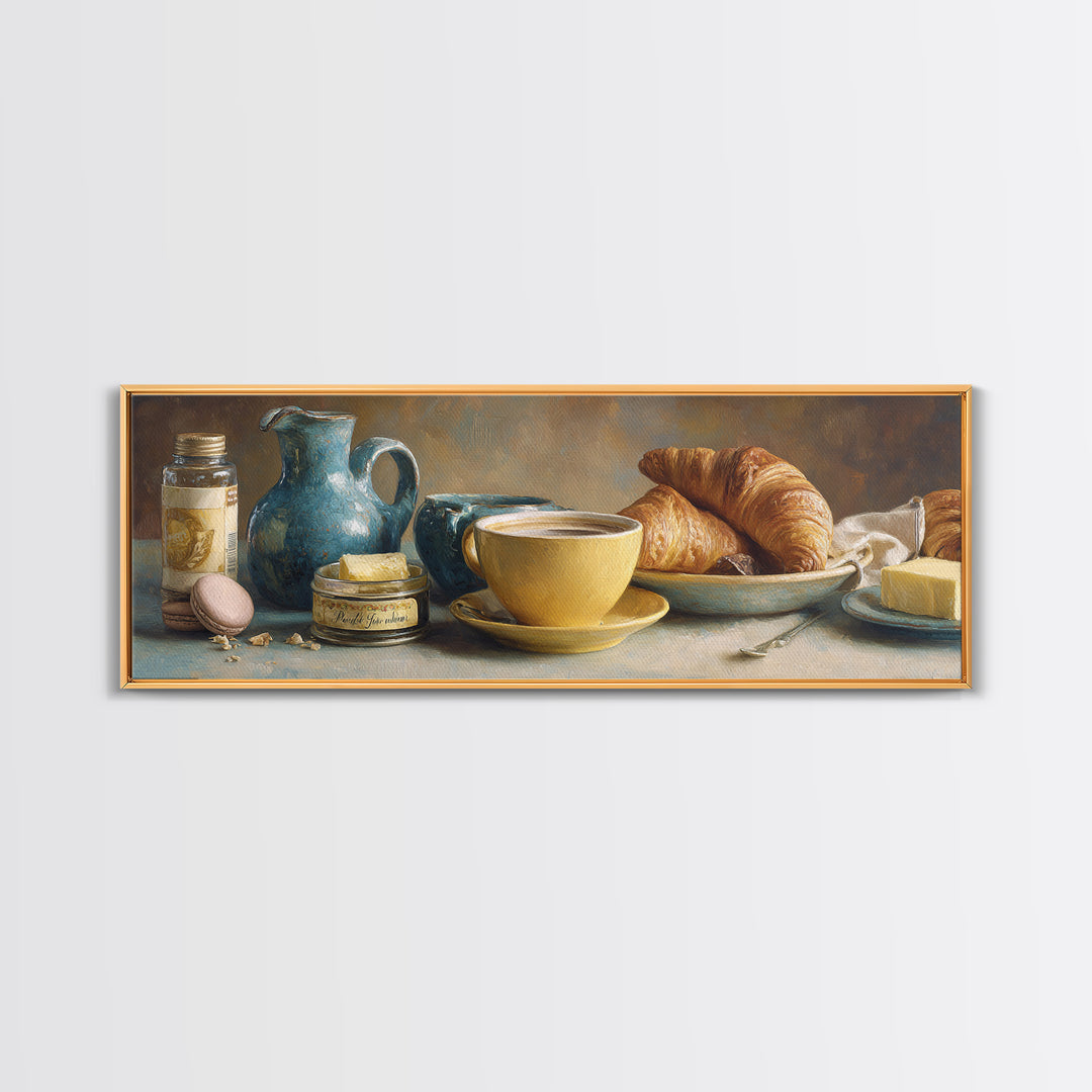 French Bistro Coffee and Croissant Still Life Canvas Print, Restaurant Art, Bedroom Wall Art, Restaurant Decor, Watercolor Art, RES-3x1-94