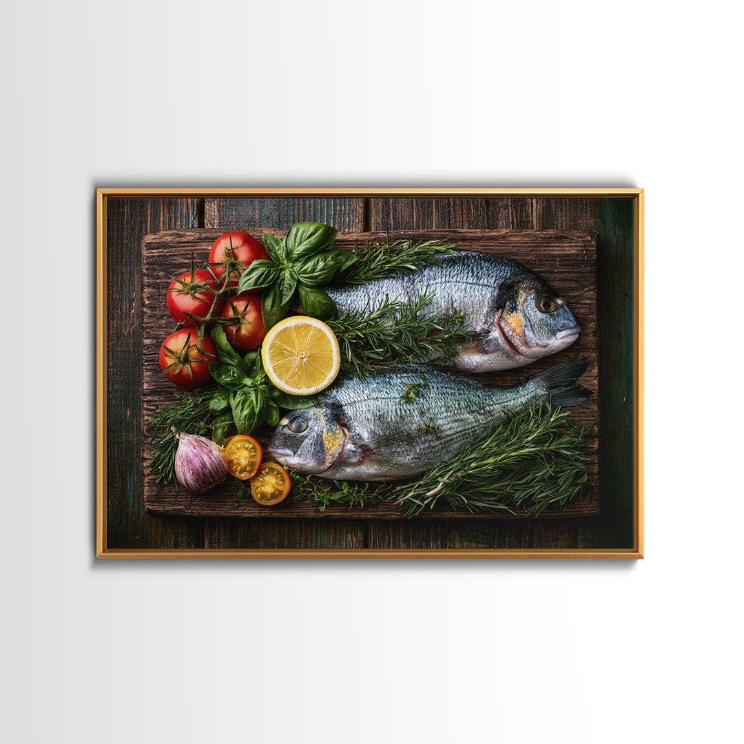 Fresh Fish with Lemon and Herbs Framed Canvas Print, Restaurant Art, Gallery Decor, Restaurant Decor, Fine Art, Bistro, RES-3x2-27