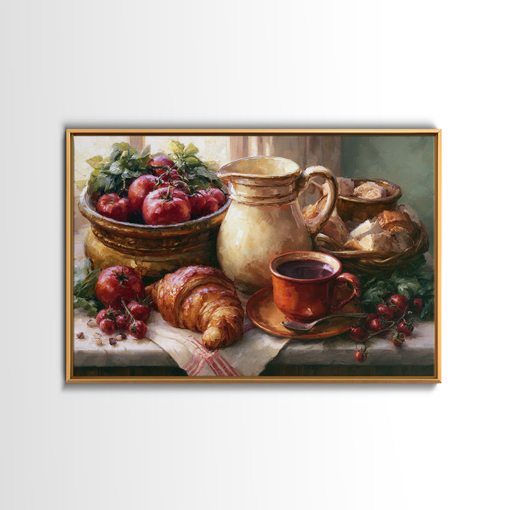 French Bistro Coffee and Croissant Still Life Canvas Print, Restaurant Art, Bedroom Wall Art, Restaurant Decor, Watercolor Art, RES-3x2-34