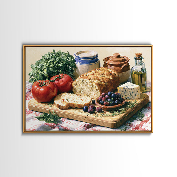 Mediterranean Olives Bread and Cheese Board Canvas Print, Restaurant Art, Food Art, Restaurant Decor, Oil Painting, Bistro, RES-3x2-37