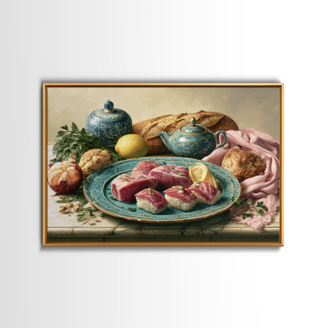 Sushi Fish and Ceramic Plate Composition Canvas Print, Restaurant Art, Cool Wall Art, Restaurant Decor, Fine Art, Bistro, RES-3x2-57