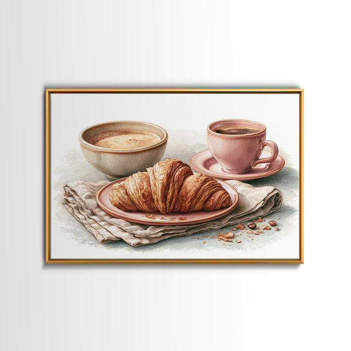 French Bistro Coffee and Croissant Still Life Canvas Print, Restaurant Art, Bedroom Wall Art, Restaurant Decor, Watercolor Art, RES-3x2-58