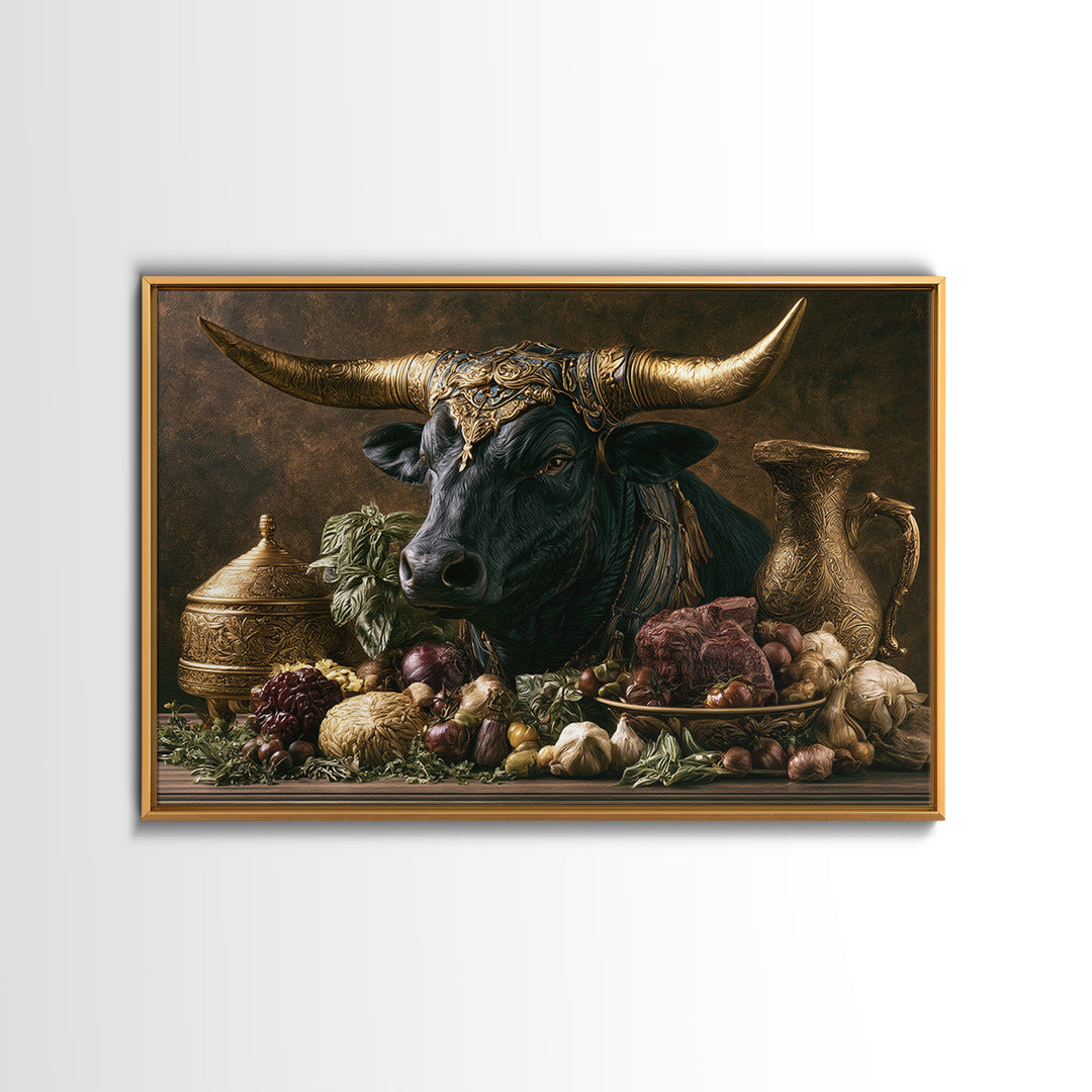 Steakhouse Black and Gold Bull Portrait Framed Canvas Print, Restaurant Art, Wall Art Prints, Restaurant Decor, Bistro, RES-3x2-59