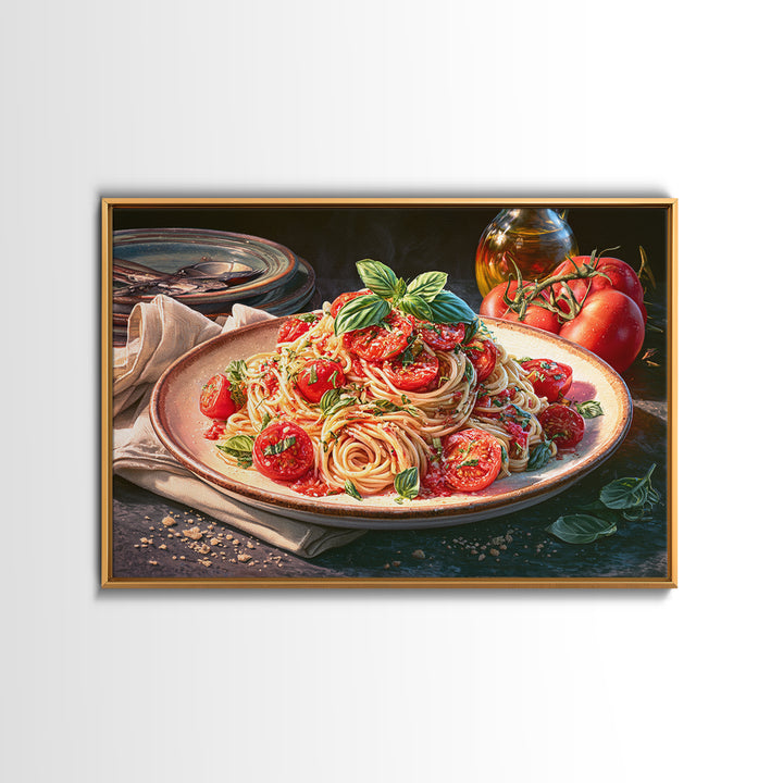 Fresh Pasta with Tomatoes and Basil Framed Canvas Print, Restaurant Art, Kitchen Art, Restaurant Decor, Fine Art, Bistro, RES-3x2-6