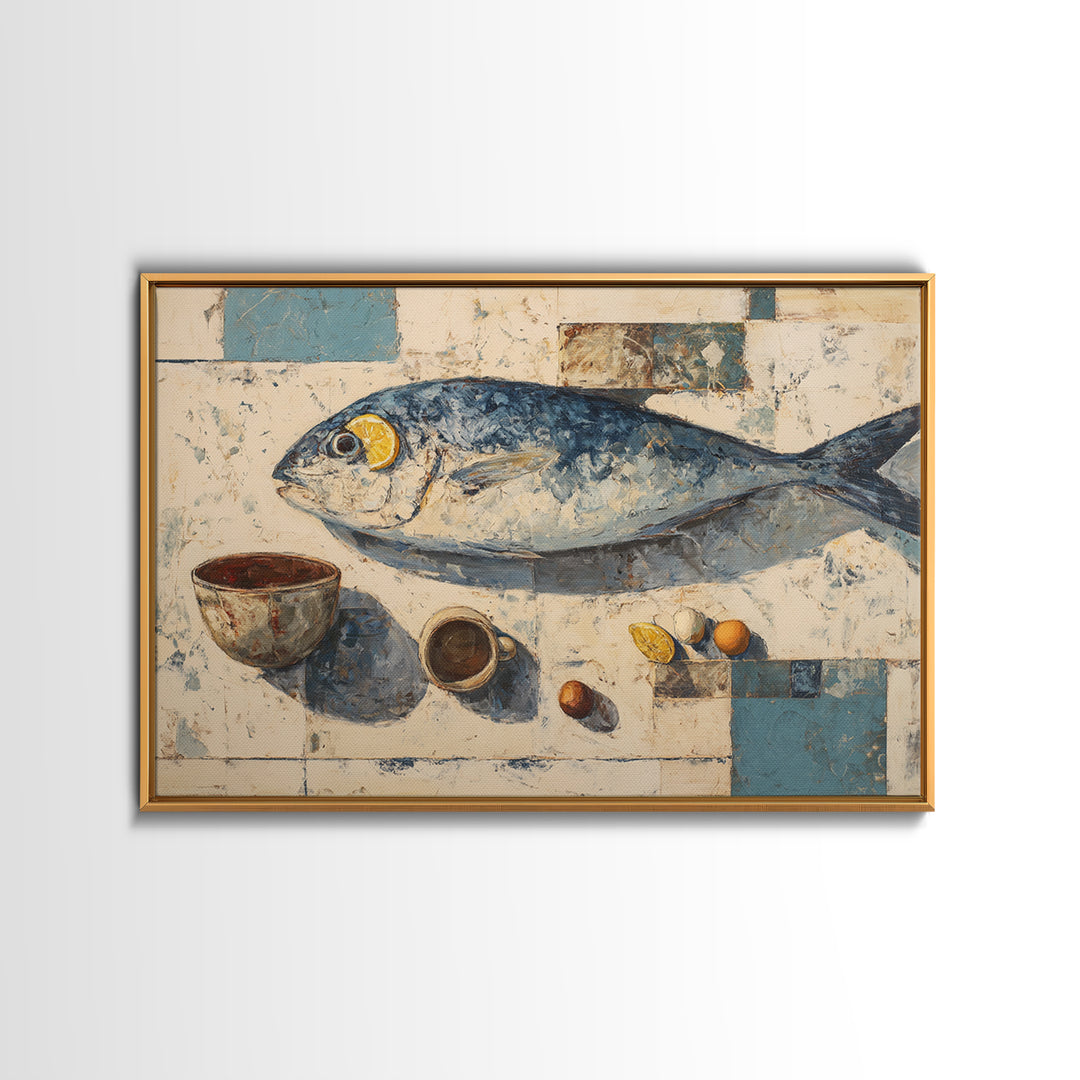 Seafood Lobster and Shell Arrangement Framed Canvas Print, Restaurant Art, Textured Painting, Restaurant Decor, Bistro, RES-3x2-60