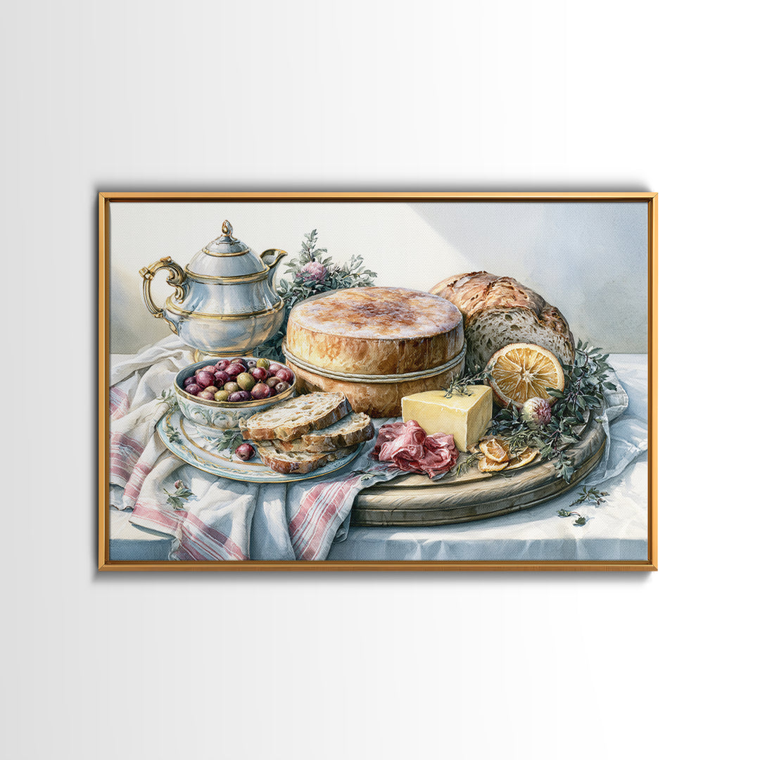 Mediterranean Olives Bread and Cheese Board Canvas Print, Restaurant Art, Food Art, Restaurant Decor, Oil Painting, Bistro, RES-3x2-61