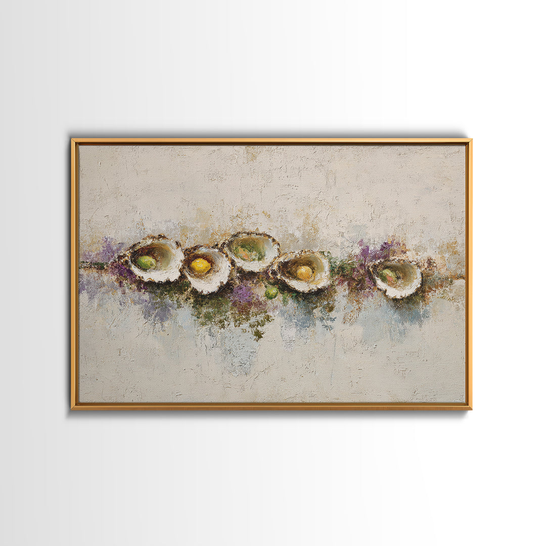 Oyster Platter with Lemons and Champagne Framed Canvas Print, Restaurant Art, Kitchen Wall Art, Restaurant Decor, Abstract Art, RES-3x2-7
