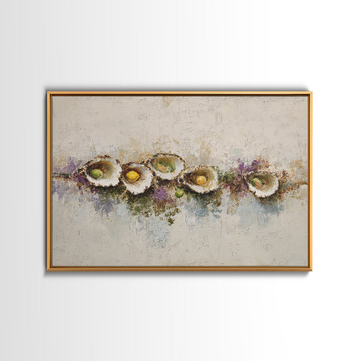 Oyster Platter with Lemons and Champagne Framed Canvas Print, Restaurant Art, Kitchen Wall Art, Restaurant Decor, Abstract Art, RES-3x2-7