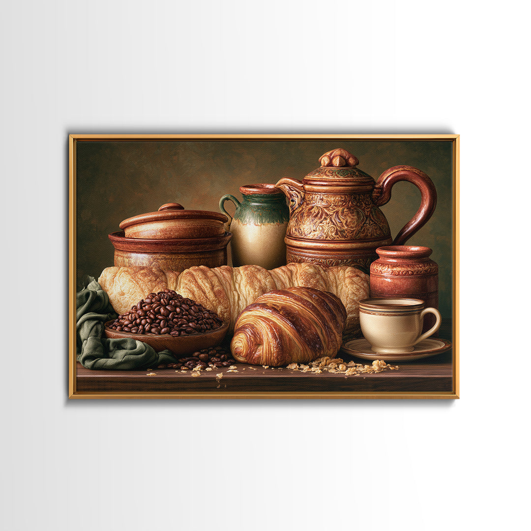 Coffee Beans and Pastry Arrangement Framed Canvas Print, Restaurant Art, Watercolor Painting, Restaurant Decor, Oil Painting, RES-3x2-74