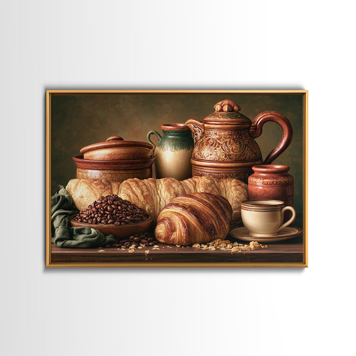 Coffee Beans and Pastry Arrangement Framed Canvas Print, Restaurant Art, Watercolor Painting, Restaurant Decor, Oil Painting, RES-3x2-74
