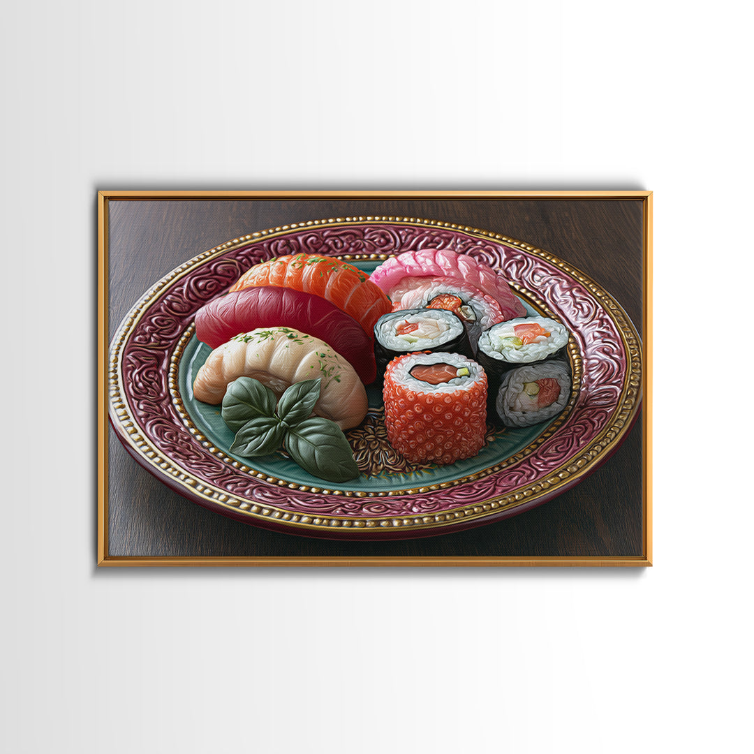 Sushi Fish and Ceramic Plate Composition Framed Canvas Print, Restaurant Art, Fine Art Print, Restaurant Decor, Bistro, RES-3x2-81
