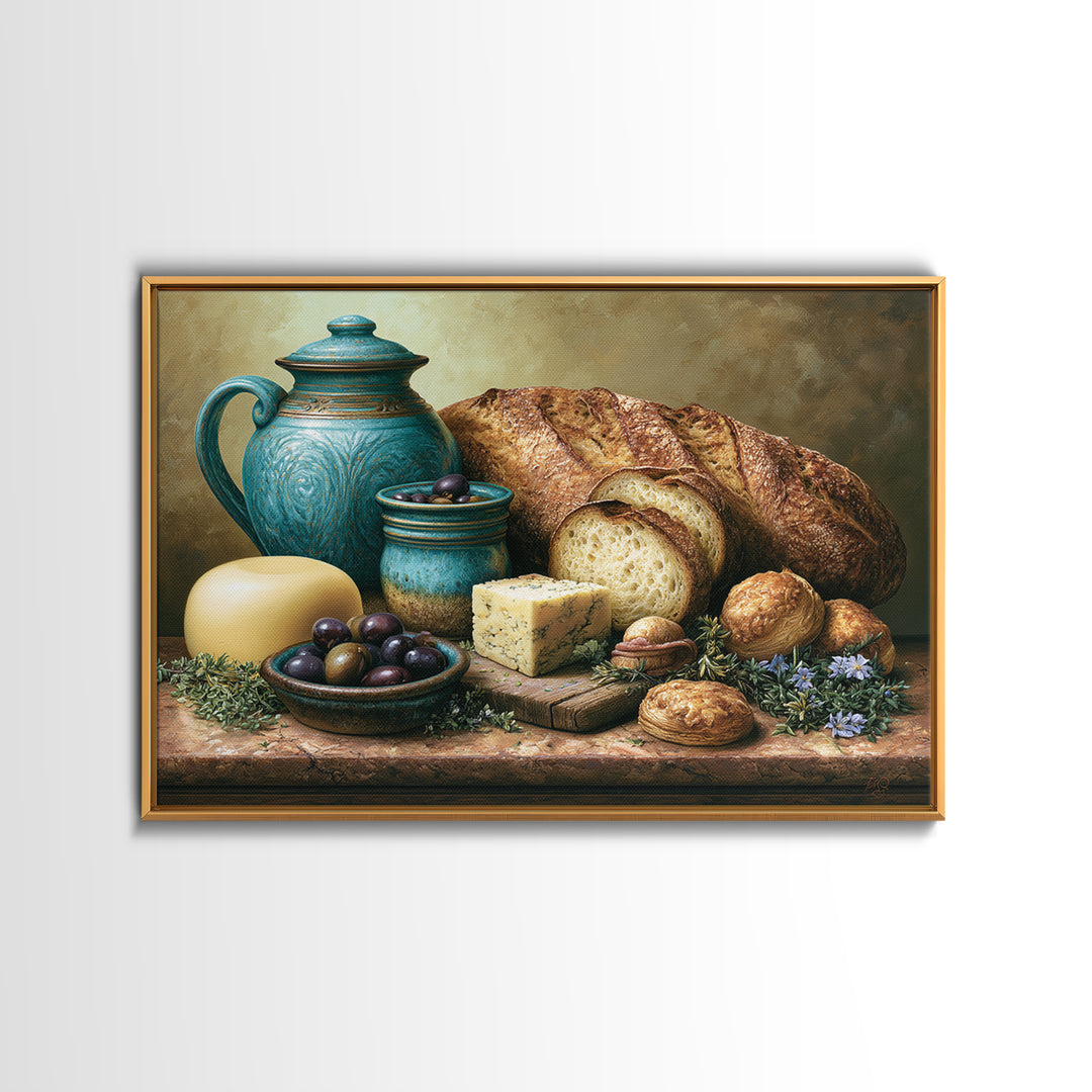 Mediterranean Olives Bread and Cheese Board Framed Canvas Print, Restaurant Art, Statement Artwork, Restaurant Decor, Bistro, RES-3x2-85