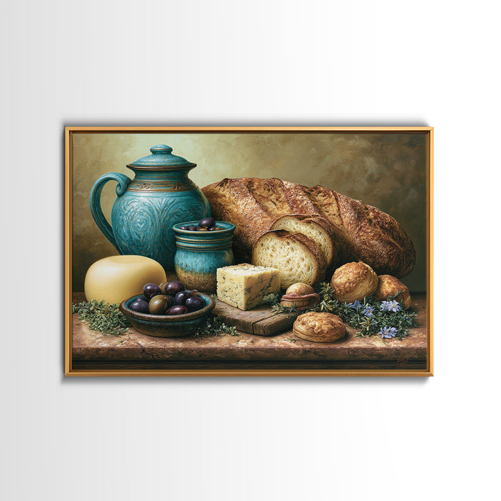 Mediterranean Olives Bread and Cheese Board Framed Canvas Print, Restaurant Art, Statement Artwork, Restaurant Decor, Bistro, RES-3x2-85