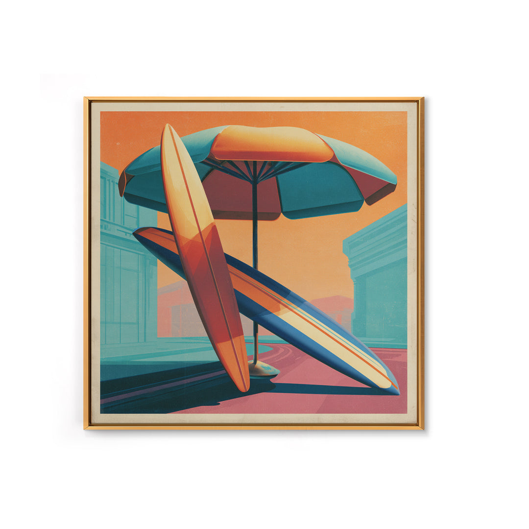 Retro Beach Umbrella and Surfboard Canvas Print, Retro Art, Printable Art, Living Room Decor, Fine Art, Retro, Funky Wall Art, RET-1x1-18