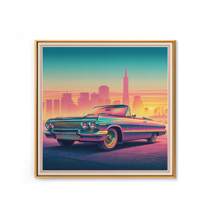 Classic Convertible at Pink Sunset Framed Canvas Print, Retro Art, Bedroom Wall Art, Living Room Decor, Watercolor Art, Retro, RET-1x1-34