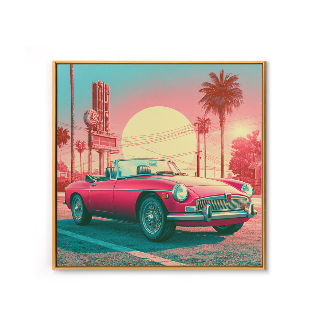 Classic Convertible at Pink Sunset Framed Canvas Print, Retro Art, Bedroom Wall Art, Living Room Decor, Watercolor Art, Retro, RET-1x1-58