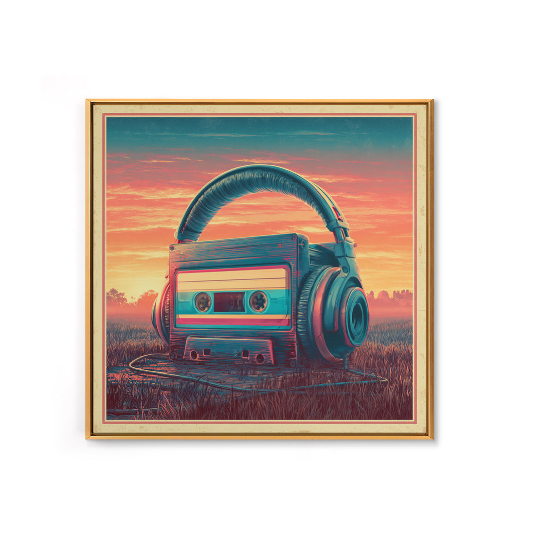 Cassette Tape and Headphones Graphic Framed Canvas Print, Retro Art, Gallery Decor, Living Room Decor, Fine Art, Retro, RET-1x1-78