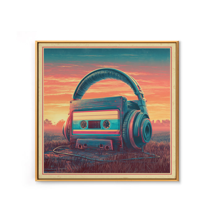 Cassette Tape and Headphones Graphic Framed Canvas Print, Retro Art, Gallery Decor, Living Room Decor, Fine Art, Retro, RET-1x1-78