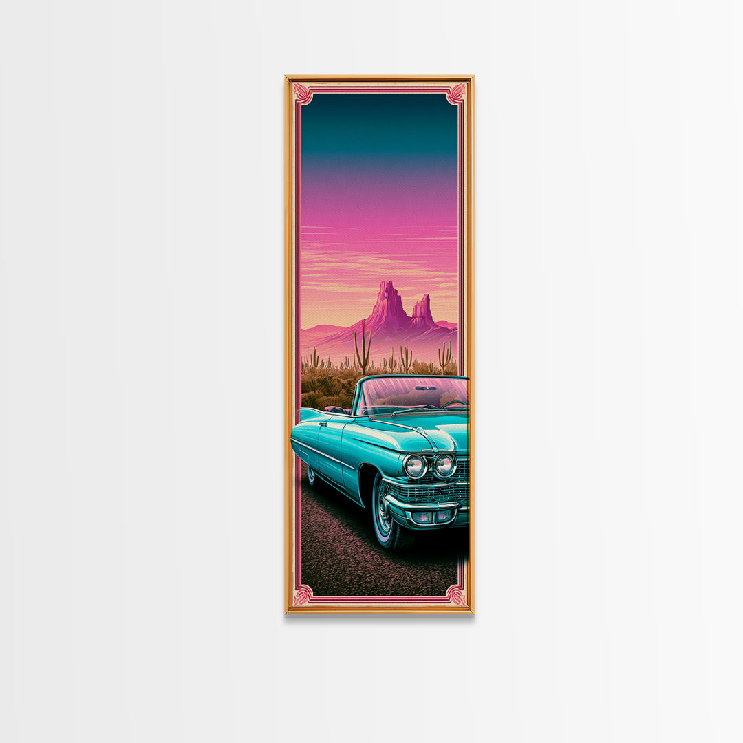 Classic Convertible at Pink Sunset Framed Canvas Print, Retro Art, Cat Art, Living Room Decor, Fine Art, Retro, RET-1x3-70