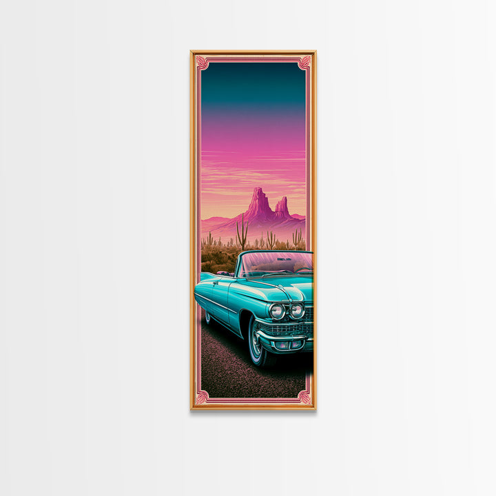 Classic Convertible at Pink Sunset Framed Canvas Print, Retro Art, Cat Art, Living Room Decor, Fine Art, Retro, RET-1x3-70