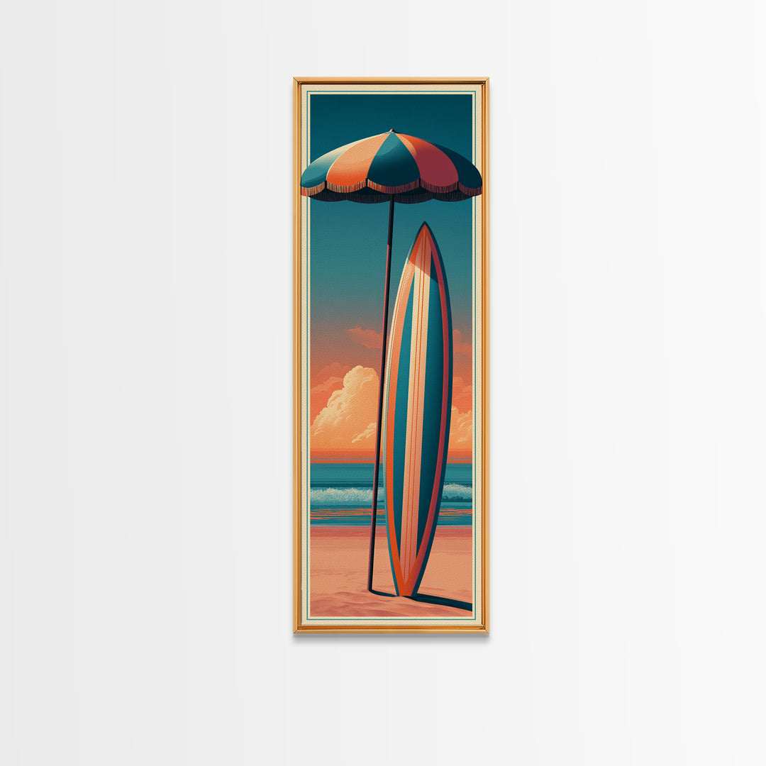 Retro Beach Umbrella and Surfboard Canvas Print, Retro Art, Floral Wall Art, Living Room Decor, Retro, Minimalist Decor, RET-1x3-78