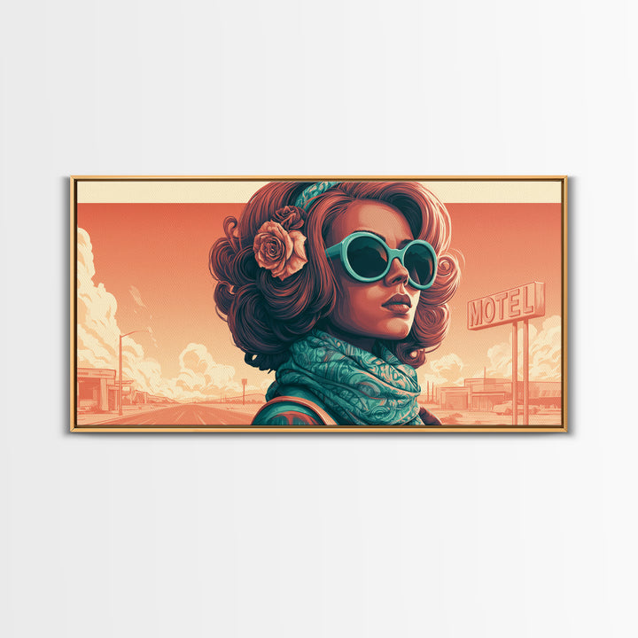 Mod Woman in Sunglasses and Scarf Framed Canvas Print, Retro Art, Minimalist Decor, Living Room Decor, Fine Art, Retro, RET-2x1-28