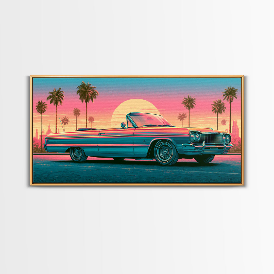 Classic Convertible at Pink Sunset Framed Canvas Print, Retro Art, Luxury Decor, Living Room Decor, Fine Art, Retro, RET-2x1-30