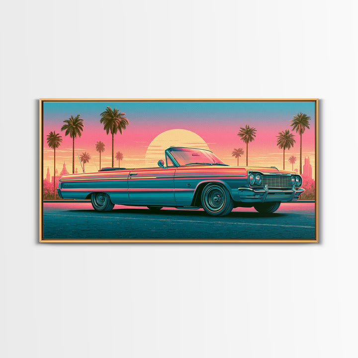 Classic Convertible at Pink Sunset Framed Canvas Print, Retro Art, Luxury Decor, Living Room Decor, Fine Art, Retro, RET-2x1-30