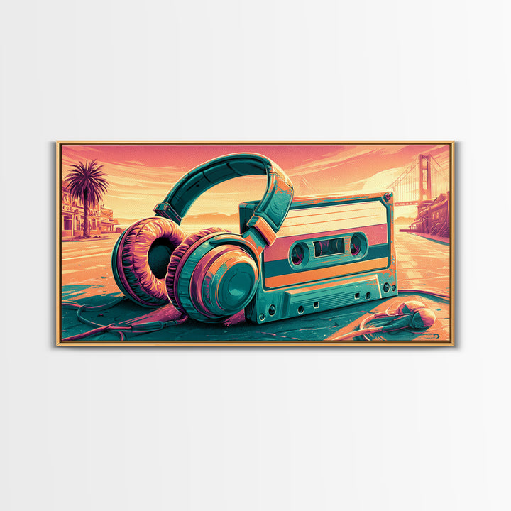 Cassette Tape and Headphones Graphic Framed Canvas Print, Retro Art, Minimalist Decor, Living Room Decor, Fine Art, Retro, RET-2x1-50