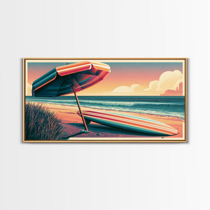 Retro Beach Umbrella and Surfboard Canvas Print, Retro Art, Room Decor, Living Room Decor, Oil Painting, Retro, Wall Art Prints, RET-2x1-62