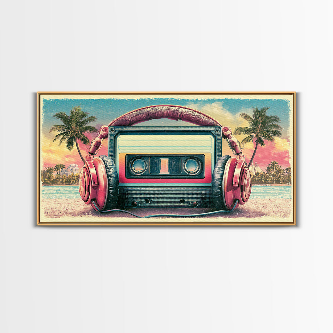 Cassette Tape and Headphones Graphic Canvas Print, Retro Art, Posters, Living Room Decor, Watercolor Art, Retro, Printable Art, RET-2x1-74