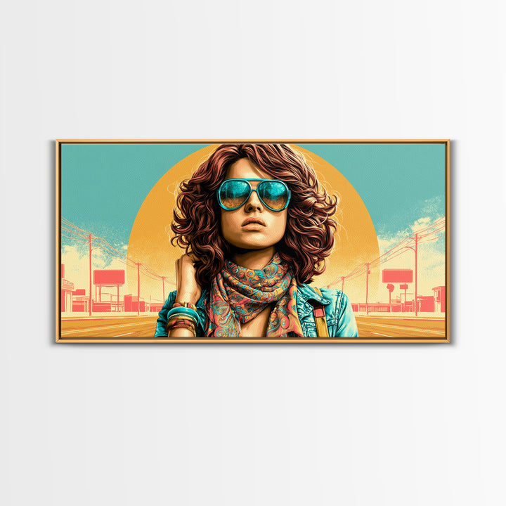 Mod Woman in Sunglasses and Scarf Canvas Print, Retro Art, Apartment Decor, Living Room Decor, Fine Art, Retro, Cat Art, RET-2x1-76