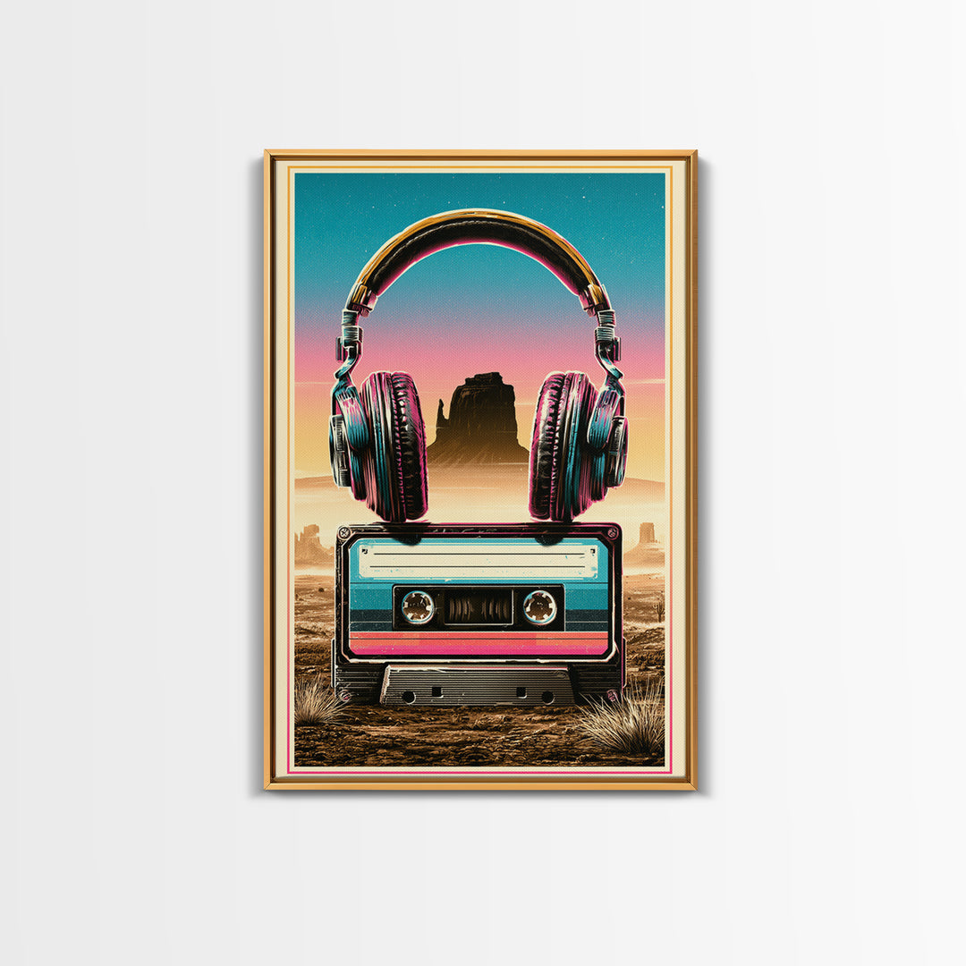 Cassette Tape and Headphones Graphic Canvas Print, Retro Art, Art Print, Living Room Decor, Oil Painting, Retro, RET-2x3-14