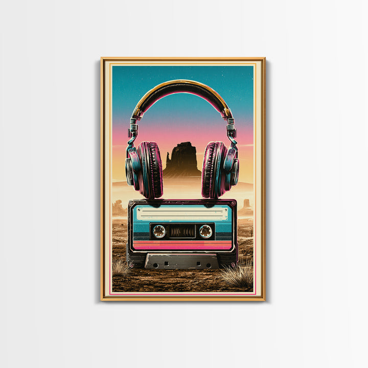Cassette Tape and Headphones Graphic Canvas Print, Retro Art, Art Print, Living Room Decor, Oil Painting, Retro, RET-2x3-14