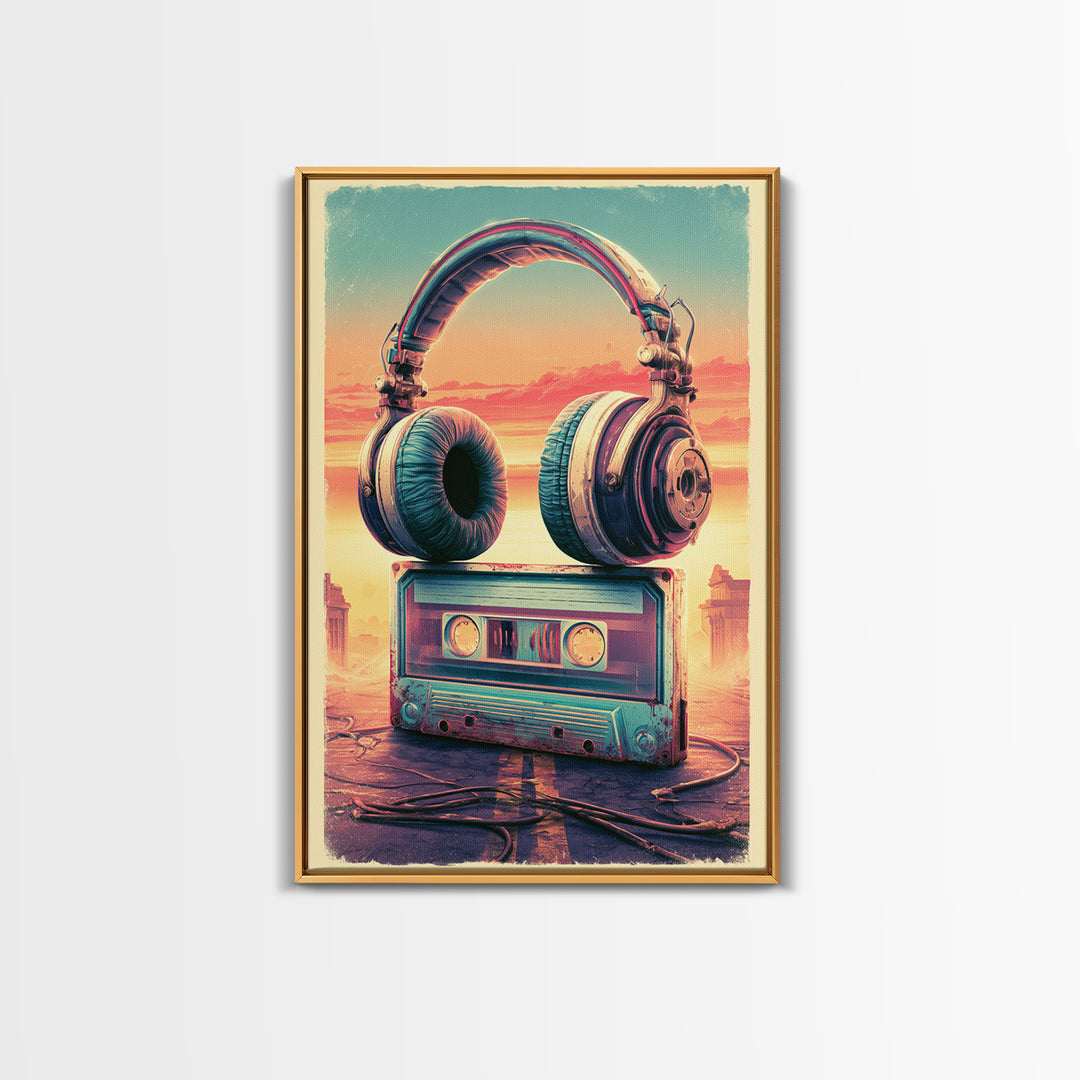 Cassette Tape and Headphones Graphic Framed Canvas Print, Retro Art, Wall Art, Living Room Decor, Fine Art, Retro, Original Art, RET-2x3-38