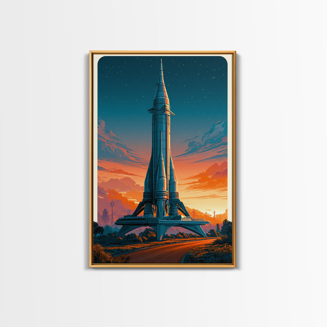 Space Age Rocket Poster Scene Framed Canvas Print, Retro Art, Posters, Living Room Decor, Fine Art, Retro, Printable Art, RET-2x3-63
