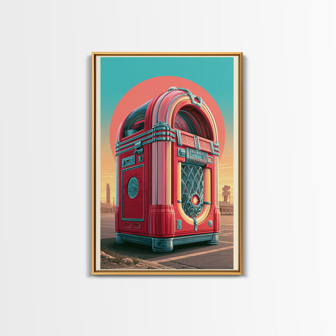Jukebox Glowing in Red and Chrome Framed Canvas Print, Retro Art, Apartment Decor, Living Room Decor, Fine Art, Retro, RET-2x3-76