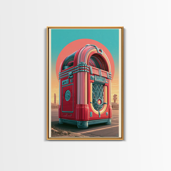 Jukebox Glowing in Red and Chrome Framed Canvas Print, Retro Art, Apartment Decor, Living Room Decor, Fine Art, Retro, RET-2x3-76