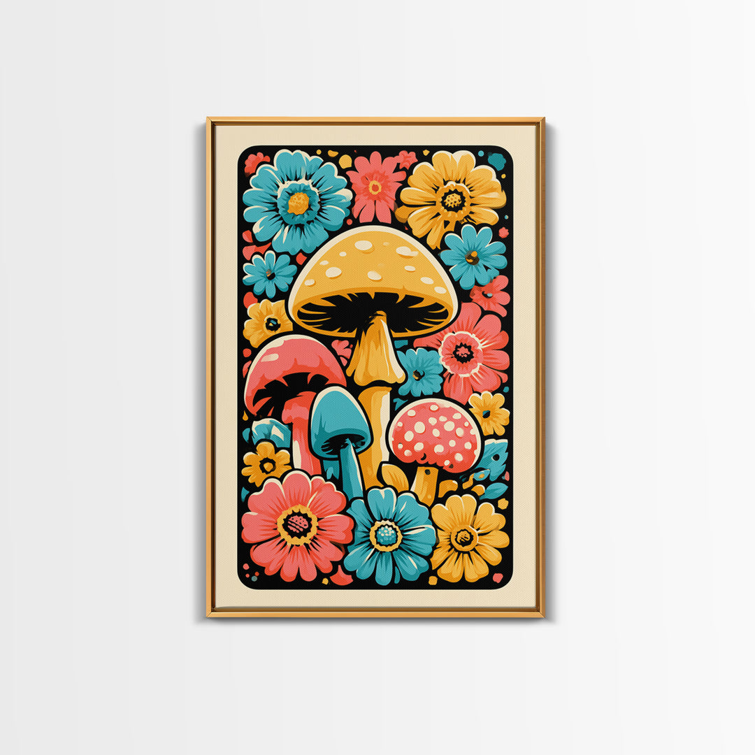 Funky Mushroom and Flower Pattern Canvas Print, Retro Art, Poster, Living Room Decor, Watercolor Art, Retro, Abstract Art, RET-2x3-79