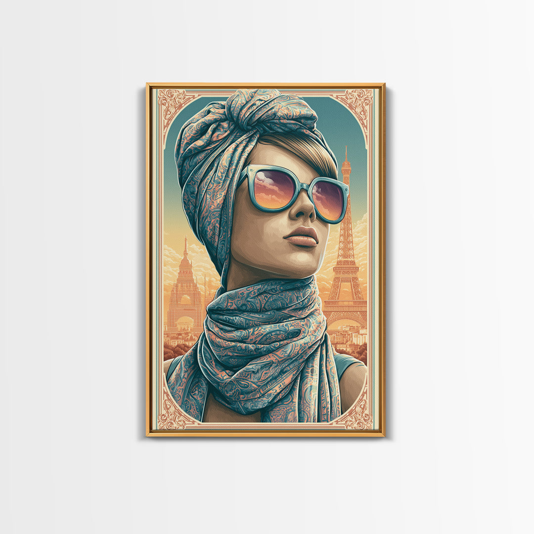 Mod Woman in Sunglasses and Scarf Framed Canvas Print, Retro Art, Printable Wall Art, Living Room Decor, Fine Art, Retro, RET-2x3-88