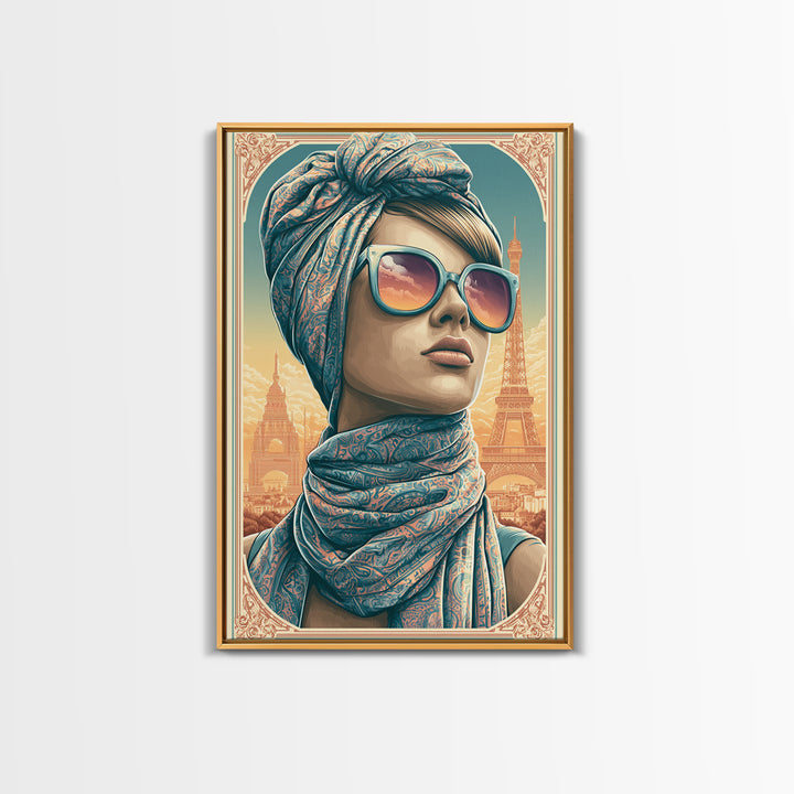 Mod Woman in Sunglasses and Scarf Framed Canvas Print, Retro Art, Printable Wall Art, Living Room Decor, Fine Art, Retro, RET-2x3-88