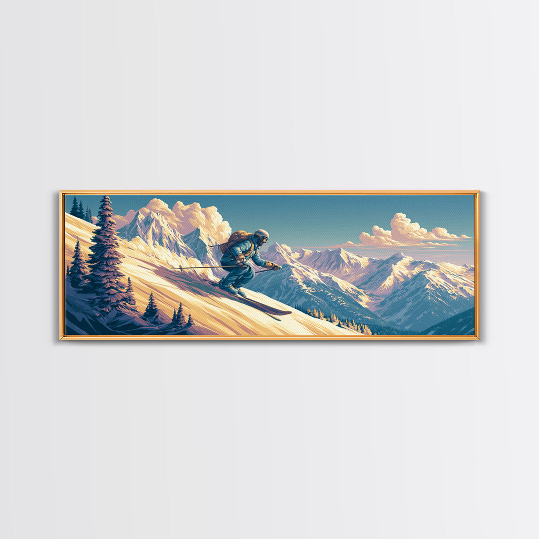 Retro Ski Poster Mountain Scene Canvas Print, Retro Art, Abstract Wall Art, Living Room Decor, Watercolor Art, Retro, RET-3x1-16