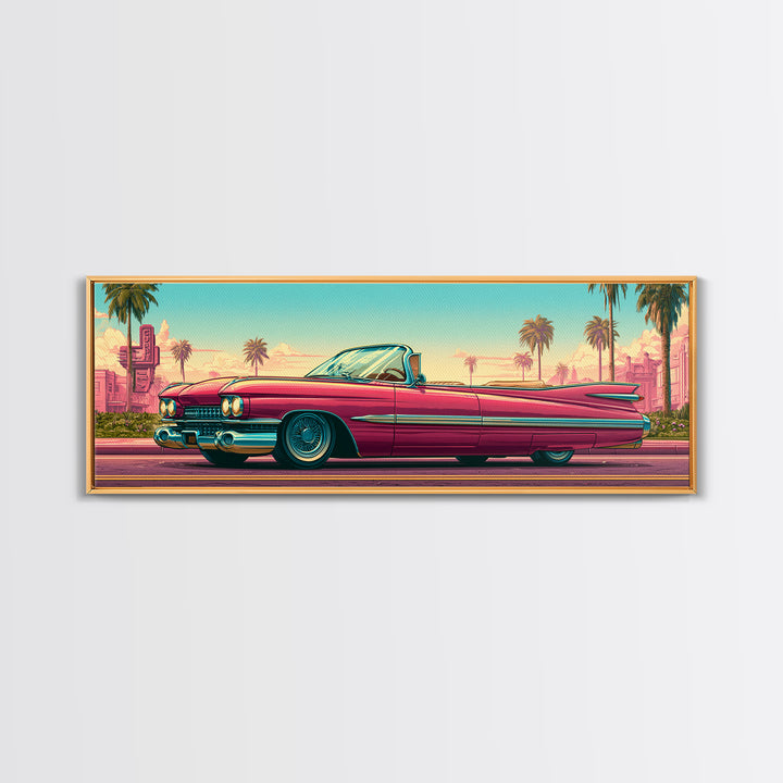 Classic Convertible at Pink Sunset Framed Canvas Print, Retro Art, Digital Prints, Living Room Decor, Fine Art, Retro, RET-3x1-2
