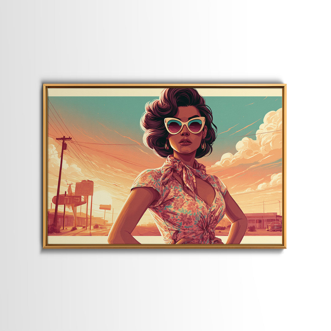 Mod Woman in Sunglasses and Scarf Framed Canvas Print, Retro Art, Floral Wall Art, Living Room Decor, Fine Art, Retro, RET-3x2-60