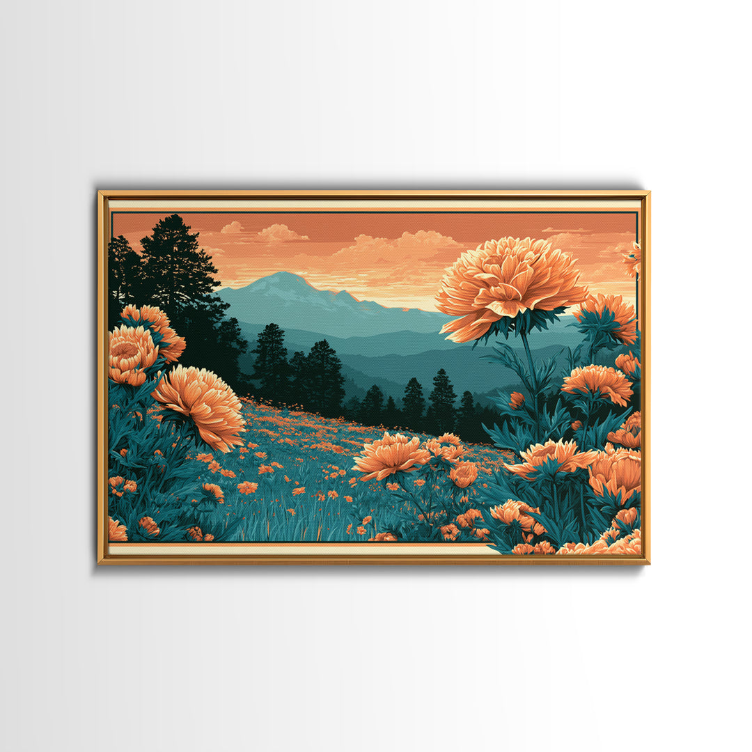 Retro Floral Pattern Framed Canvas Print, Retro Art, Movie Poster, Living Room Decor, Oil Painting, Retro, Wall Art Print, RET-3x2-63