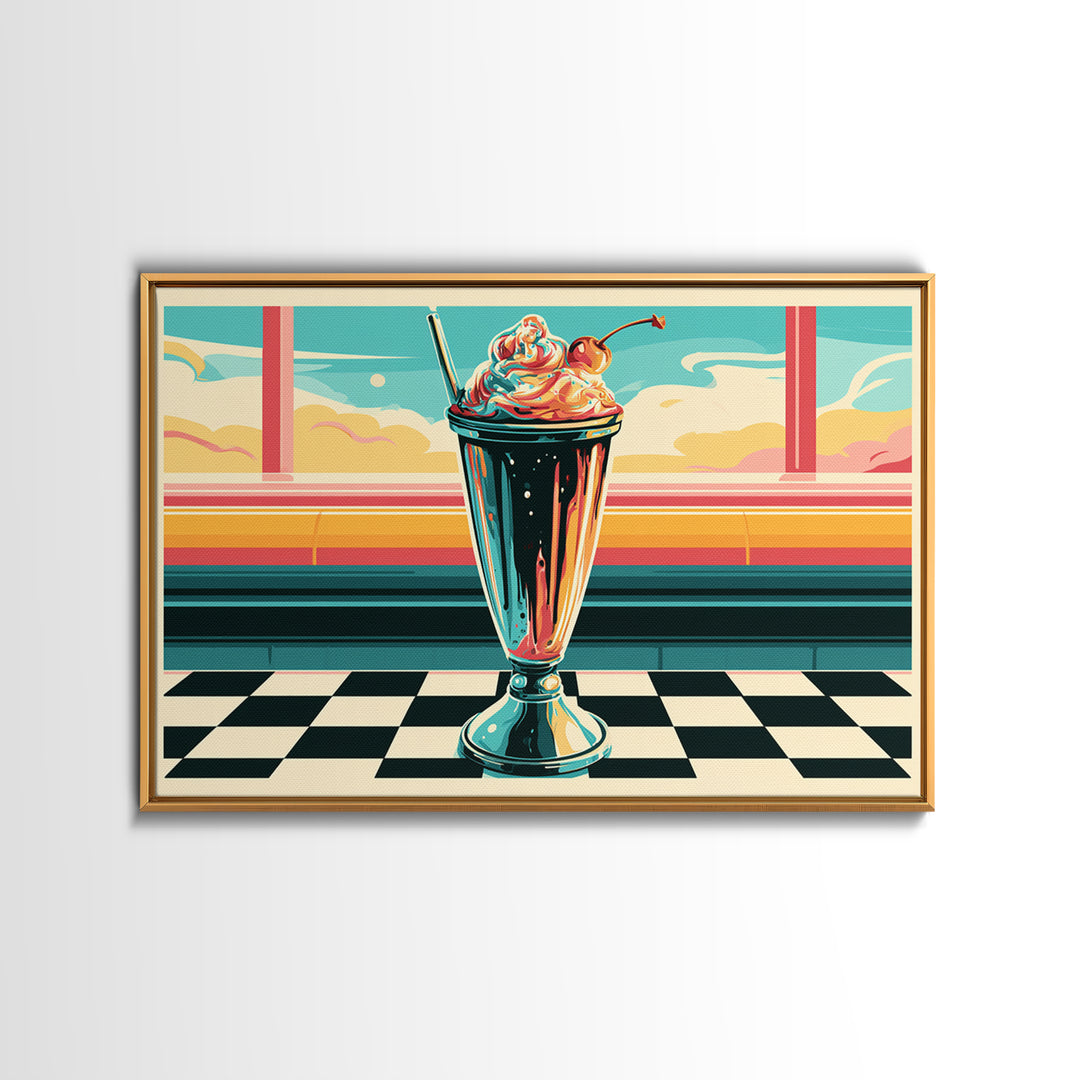1950s Diner Milkshake Framed Canvas Print, Retro Art, Gallery Decor, Living Room Decor, Fine Art, Retro, Contemporary Art, RET-3x2-77