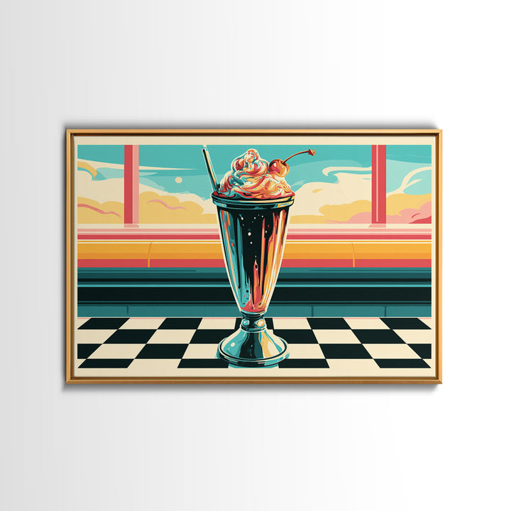 1950s Diner Milkshake Framed Canvas Print, Retro Art, Gallery Decor, Living Room Decor, Fine Art, Retro, Contemporary Art, RET-3x2-77