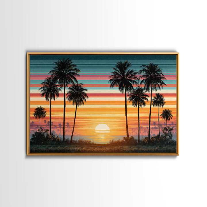 70s Sunset Stripes Framed Canvas Print, Retro Art, Bedroom Wall Art, Living Room Decor, Watercolor Art, Retro, Art Print, RET-3x2-79