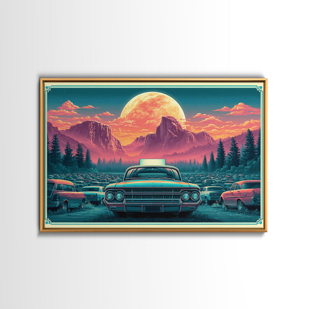Drive in Movie Scene with Moonlit Cars Framed Canvas Print, Retro Art, Luxury Decor, Living Room Decor, Fine Art, Retro, RET-3x2-92